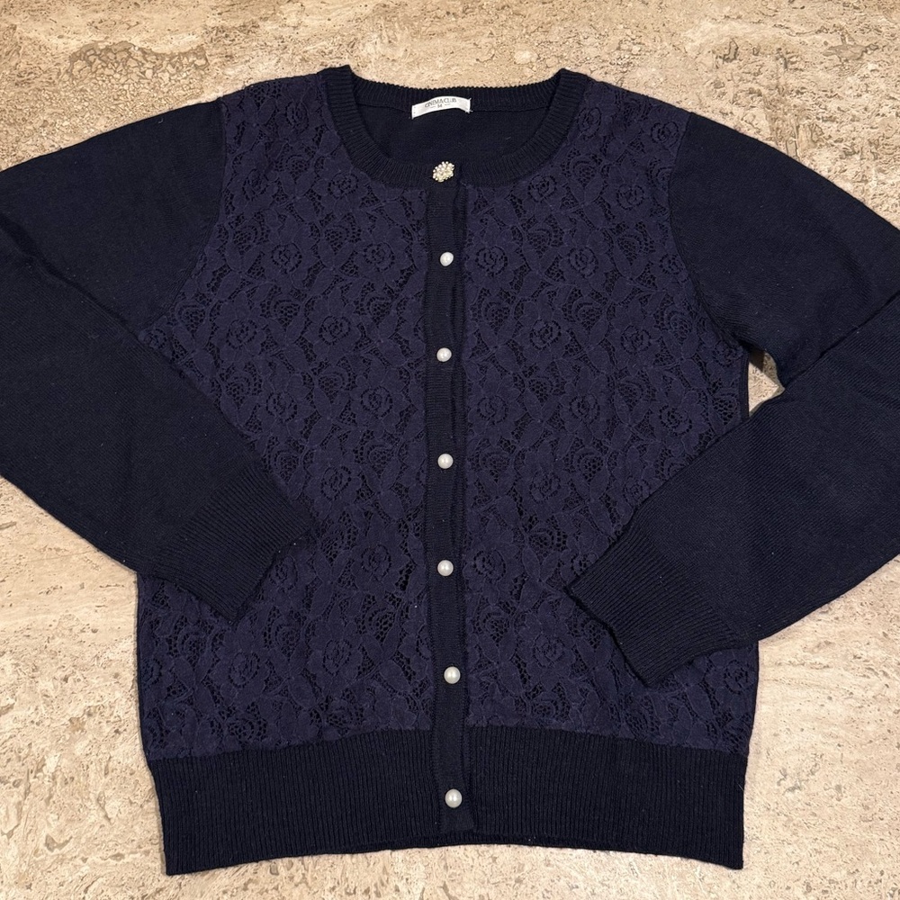 CINEMA CLUB Jeweled Button Lace Panel Cardigan
